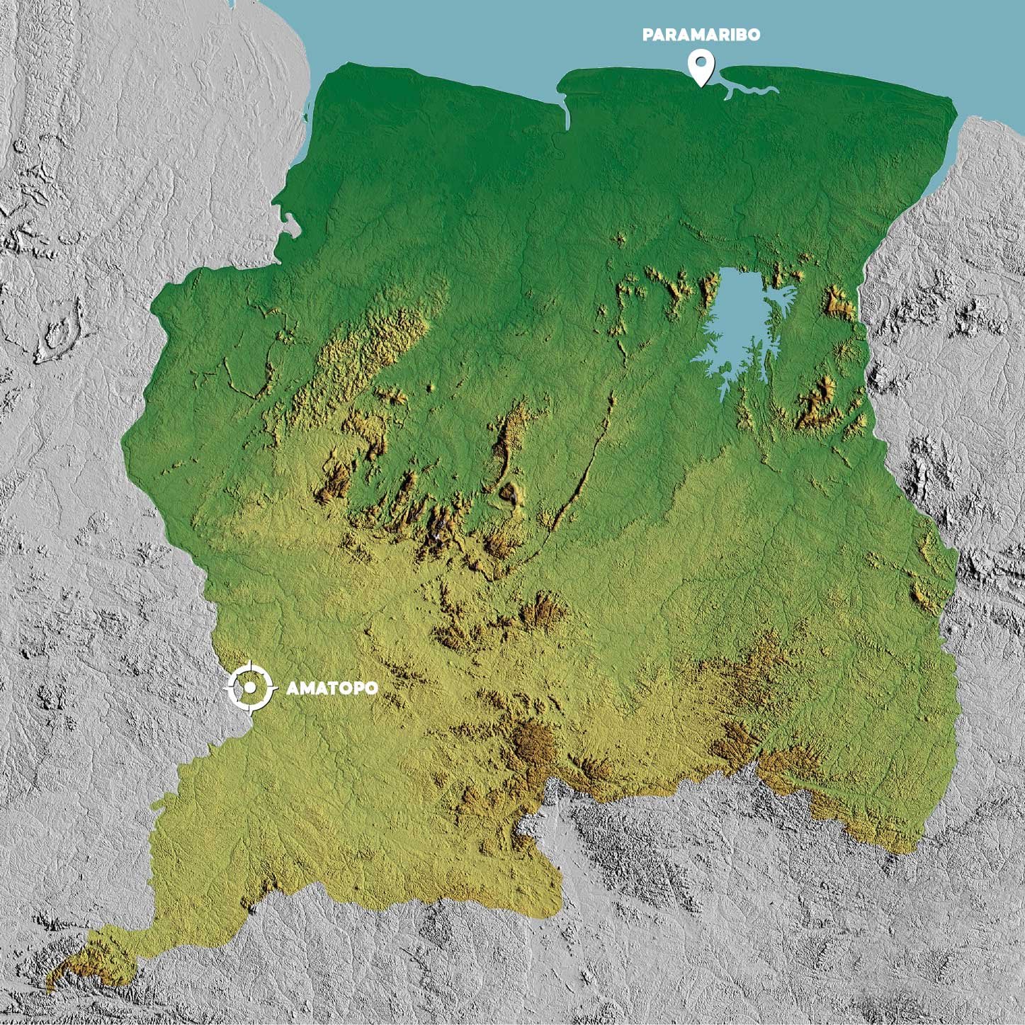 Map of Suriname with Amatopo tour location.